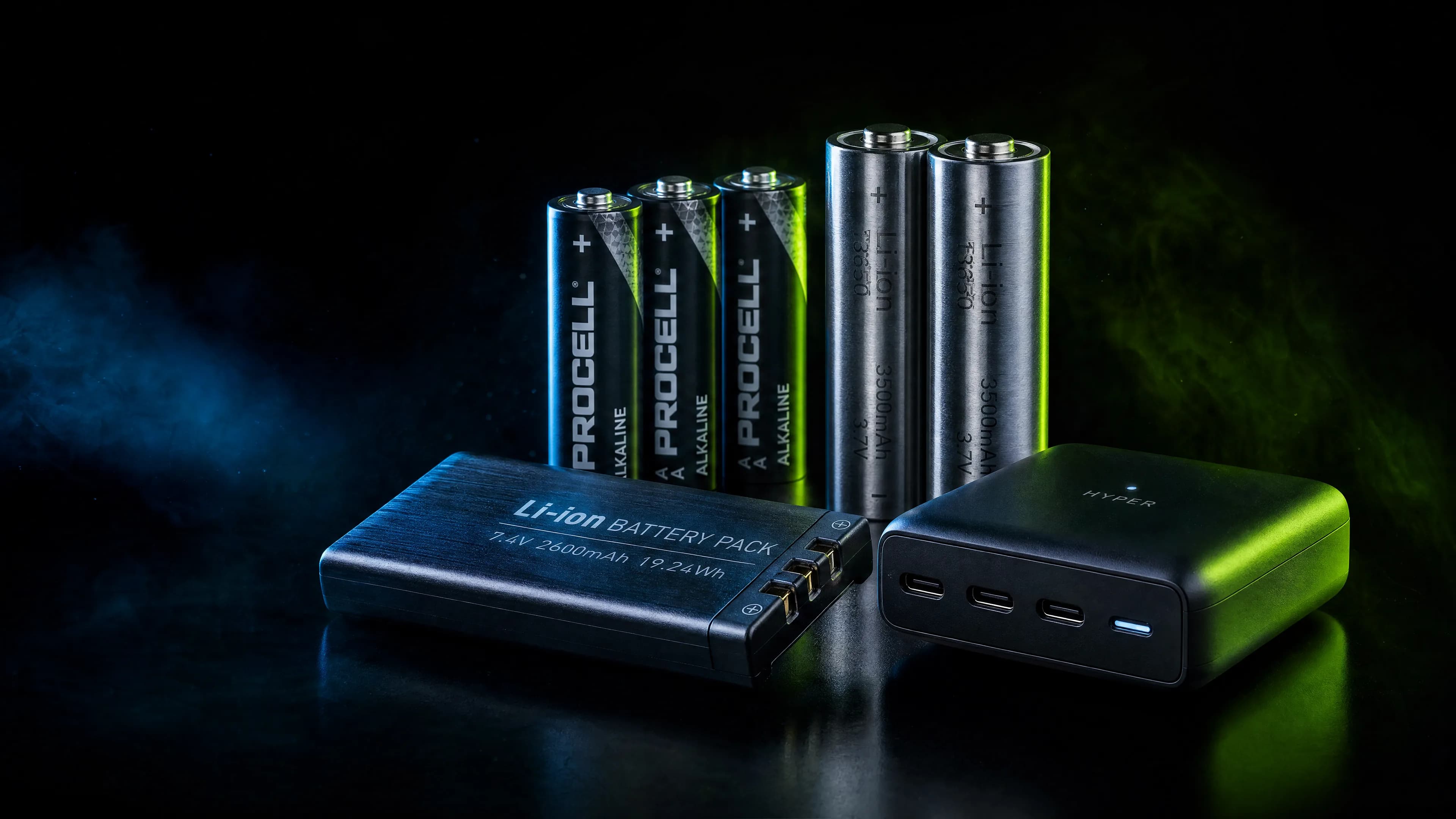 Composition de piles alcalines Procell, cellules lithium 18650, batterie pack et chargeur multi-USB sur fond sombre avec lumière bleu et vert
